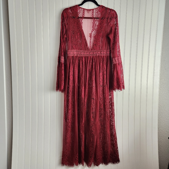JODIFL Red Lace Long Sleeve Romantic Maxi Length Duster Cardigan Small - Picture 5 of 6
